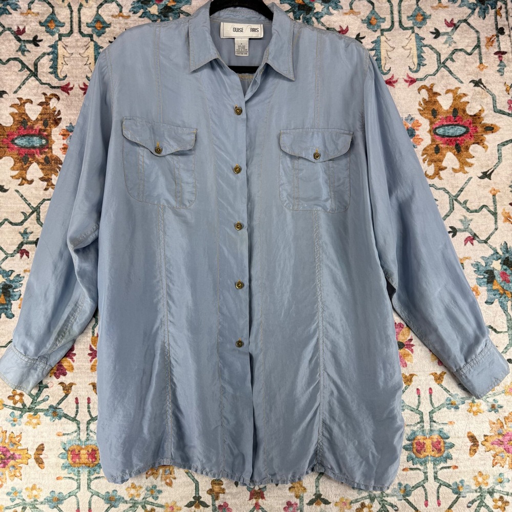 Louise Paris‎ Womens Blue 100% Silk Button Down Shirt Contrast Stitch Sz M